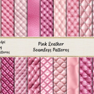 May include: 18 pink leather seamless patterns, 300 dpi, jpeg. The patterns feature different textures, including quilted, embossed, and studded.