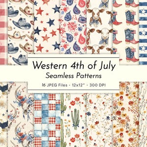 Western 4th of July Seamless Patterns – Watercolor Designs with Cowboys, Stars, Boots, and Wildflowers – Patriotic Digital Papers for Crafts