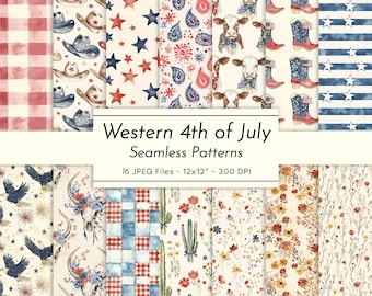 Western 4th of July Seamless Patterns: Cowboy, Stars, Wildflowers (Digital Papers)