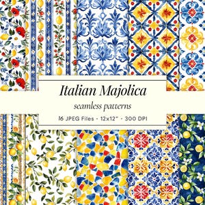 Motifs majolique italienne sans couture - Papier numérique Carrelage méditerranéen et citron - Arrière-plans imprimables aquarelle d'été méditerranéen