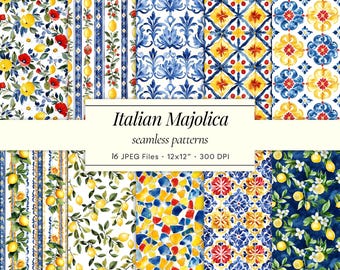 May include: A collection of watercolor seamless patterns with Italian Majolica designs. The patterns feature lemons, floral motifs, and geometric shapes in blue, yellow, red, and white. The image includes the text "Italian Majolica seamless patterns".