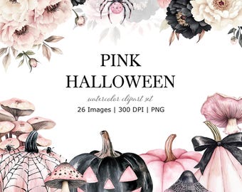 Pink Halloween Clipart: Watercolor Pumpkins, Spiders, Florals (PNG)
