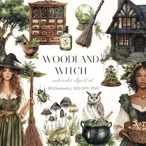 Pode incluir: Um conjunto de ilustrações em aguarela intitulado WOODLAND WITCH com 90 elementos, incluindo duas figuras com vestidos verdes, uma árvore grande, um armário de boticário de madeira, uma vassoura, uma bola de cristal, uma casa, um caldeirão, uma coruja, um sapo e cogumelos.