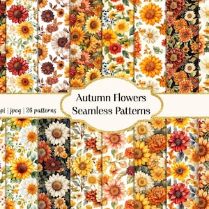 Padrões sem emendas de flores de outono em aquarela, papel para scrapbook para impressão, papéis digitais para download instantâneo, uso comercial