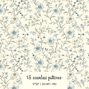 Puede incluir: Patr&oacute;n floral sin costuras con flores azul claro y crema, tallos y hojas grises sobre un fondo crema. La imagen incluye el texto "18 patrones sin costuras" y las dimensiones "12"x12" | 300 DPI | JPEG".