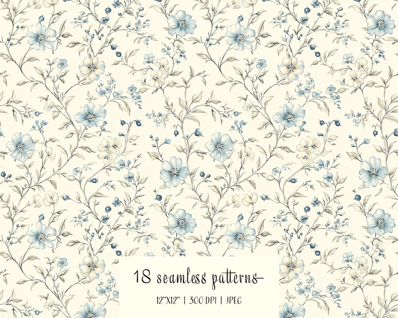 Puede incluir: Patr&oacute;n floral sin costuras con flores azul claro y crema, tallos y hojas grises sobre un fondo crema. La imagen incluye el texto "18 patrones sin costuras" y las dimensiones "12"x12" | 300 DPI | JPEG".