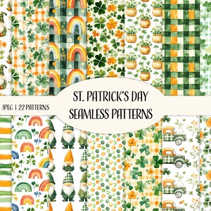 May include: A set of 22 digital seamless patterns featuring St. Patrick's Day themes. The patterns include shamrocks, rainbows, gnomes, pots of gold, and gingham checks in shades of green, gold, and white.