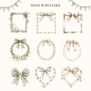 May include: Watercolor illustrations of decorative frames, wreaths, and bows in soft green, beige, and brown tones. The image includes square and oval frames, a heart-shaped design, and a banner. Text at the top reads "WHAT IS INCLUDED."