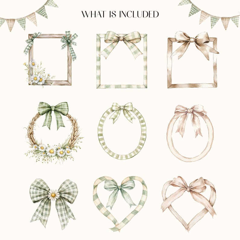May include: Watercolor illustrations of decorative frames, wreaths, and bows in soft green, beige, and brown tones. The image includes square and oval frames, a heart-shaped design, and a banner. Text at the top reads "WHAT IS INCLUDED."