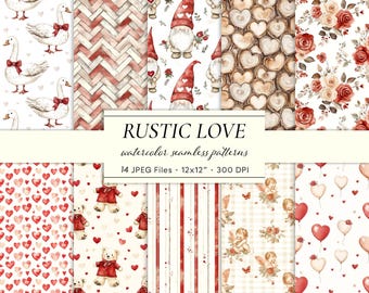 May include: A selection of watercolour seamless patterns with a rustic love theme. Designs include geese with red bows, gnomes, hearts, roses, teddy bears, and cherubs. The image text reads "RUSTIC LOVE" and "watercolor seamless patterns".