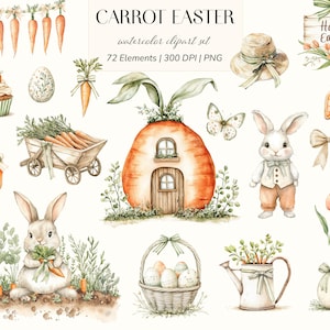 May include: Watercolor clipart set with an Easter theme. Features a carrot house, bunny, carrots, Easter eggs, a cupcake, a hat, a watering can, and a cart filled with carrots. The text "CARROT EASTER" is at the top.