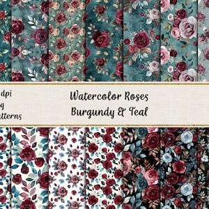 Acquerello Boho Borgogna e Teal Motivi floreali senza soluzione di continuità