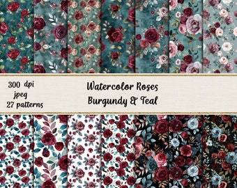 Watercolor Boho Burgundy and Teal Floral Seamless Patterns