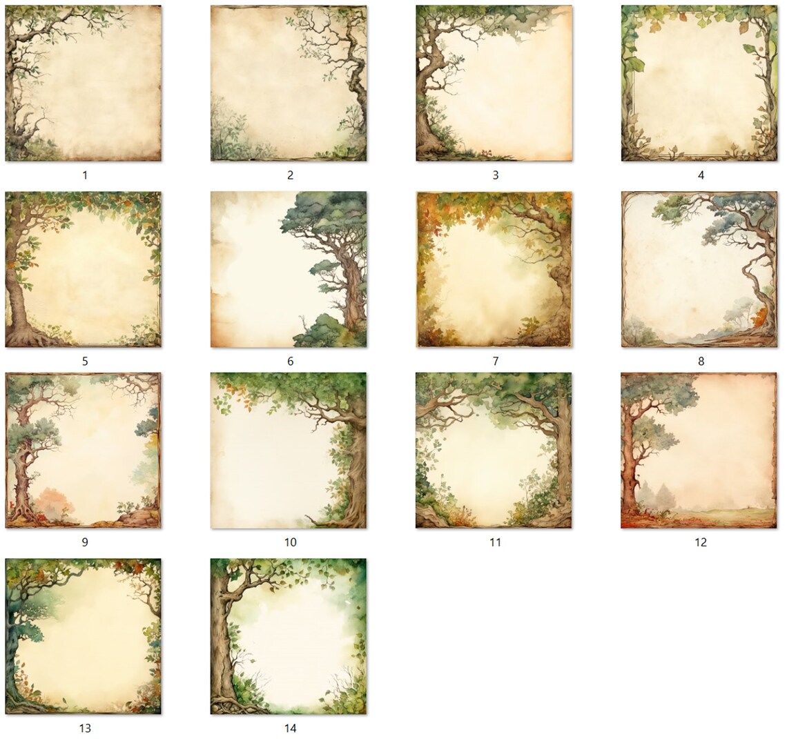 Tree Clutter Borders1 Watercolor Trees Borders, Printable Scrapbook Paper, Instant Download ...