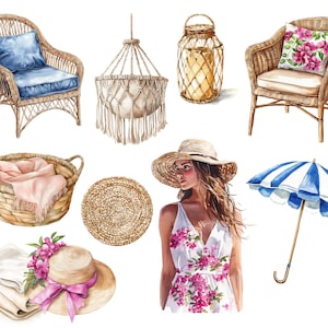 May include: Watercolor illustration of various home decor items, including wicker chairs with cushions, a macrame hanging planter, a woven basket with a pink scarf, a round woven placemat, a woman in a floral dress, a sun hat, a beach umbrella, and a lantern.