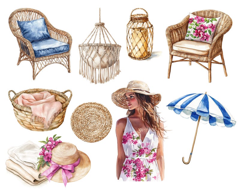 May include: Watercolor illustration of various home decor items, including wicker chairs with cushions, a macrame hanging planter, a woven basket with a pink scarf, a round woven placemat, a woman in a floral dress, a sun hat, a beach umbrella, and a lantern.