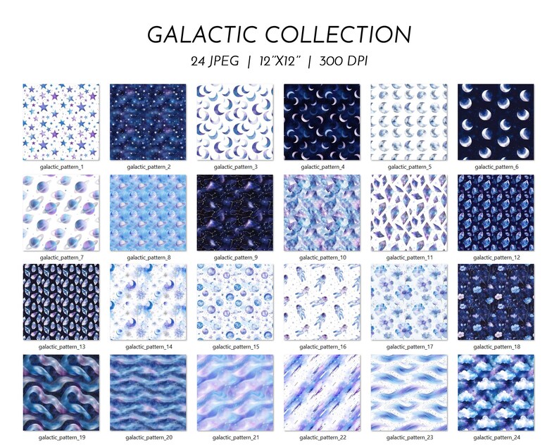 Watercolor Galactic Seamless Patterns: Stars, Moons, Constellations ...