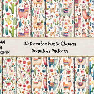 Patrones sin costuras de llamas lindas en acuarela, papeles digitales de llamas y cactus, papel de álbum de recortes floral imprimible, uso comercial