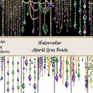 May include: 24 digital paper patterns featuring watercolor illustrations of Mardi Gras beads in green, purple, and gold colors. The beads are arranged in a cascading pattern, creating a festive and celebratory feel.