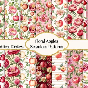 Padrões florais de maçãs em aquarela, papéis digitais de maçãs e peônias, uso comercial