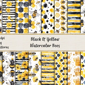 Aquarell Bienen Musterdesign, gelbe und schwarze Blumen Bienen digitale Papiere, kommerzielle Nutzung