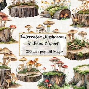 Watercolor Mushrooms, Moss and Wood Clipart, Commercial use