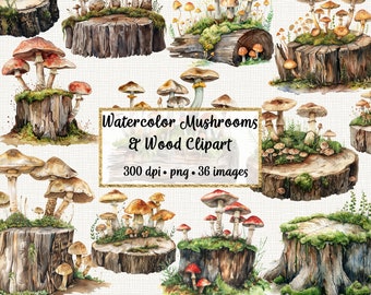 Watercolor Mushrooms, Moss and Wood Clipart, Commercial use