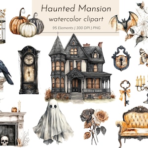 May include: Watercolor clipart set featuring a haunted mansion, pumpkins, a raven, a clock, bats, a spiderweb, a ghost, a key, a candelabra, a fireplace, a skull, roses, and a decorative chair. The text reads "Haunted Mansion watercolor clipart".