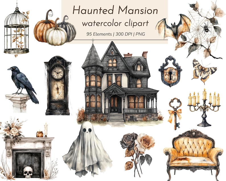 May include: Watercolor clipart set featuring a haunted mansion, pumpkins, a raven, a clock, bats, a spiderweb, a ghost, a key, a candelabra, a fireplace, a skull, roses, and a decorative chair. The text reads "Haunted Mansion watercolor clipart".