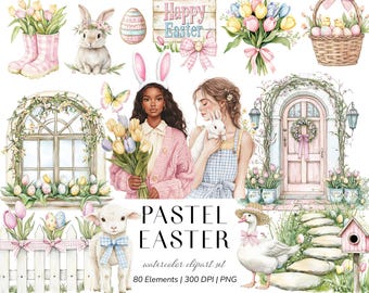 May include: Watercolor clipart set with a pastel Easter theme. The image features illustrations of Easter bunnies, eggs, flowers, and people. The text "PASTEL EASTER" is displayed in the center of the image.