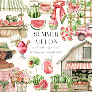 Peut inclure: Ensemble de cliparts aquarelle intitulé "Summer Melon", présentant diverses illustrations sur le thème de l'été. Comprend des pastèques, un camion rose, une femme avec une glace, un chien et le texte "Summer Melon".