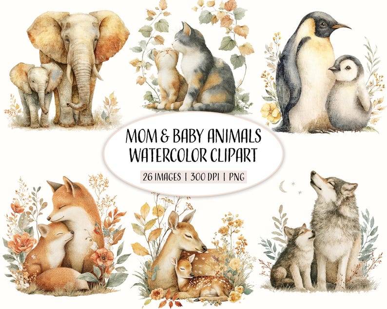 Watercolor Mom and Baby Animals Clipart: PNG Illustrations (digital ...
