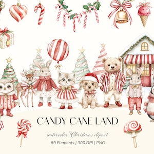 Puede incluir: Ilustración de acuarela de elementos navideños. Incluye bastones de caramelo, adornos, cajas de regalo y adorables personajes de animales vestidos con atuendos festivos. También se ve el texto "CANDY CANE LAND".