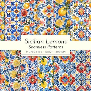 Limoni siciliani acquerellati con motivi senza soluzione di continuità – Carta digitale al limone, sfondi mediterranei, carte per album estivi