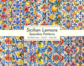 Watercolor Sicilian Lemons Seamless Patterns – Lemon Digital Paper, Mediterranean Backgrounds, Summer Scrapbook Papers