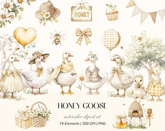Honey Goose Watercolor Clipart, Cottagecore Bees & Daisies, PNG Set