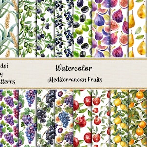 Aquarelle, motifs sans couture de fruits, papiers numériques de fruits méditerranéens, papier de scrapbooking imprimable, usage commercial