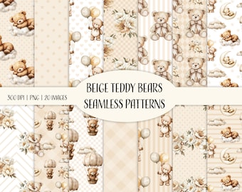 Beige Teddy Bears Seamless Patterns, Baby Digital Papers, Printable Scrapbook Papers, Commercial use