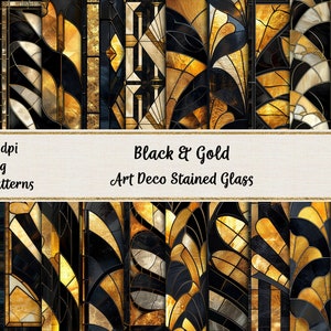 May include: 20 digital paper patterns in a black and gold Art Deco stained glass style. The patterns feature geometric shapes and floral motifs.