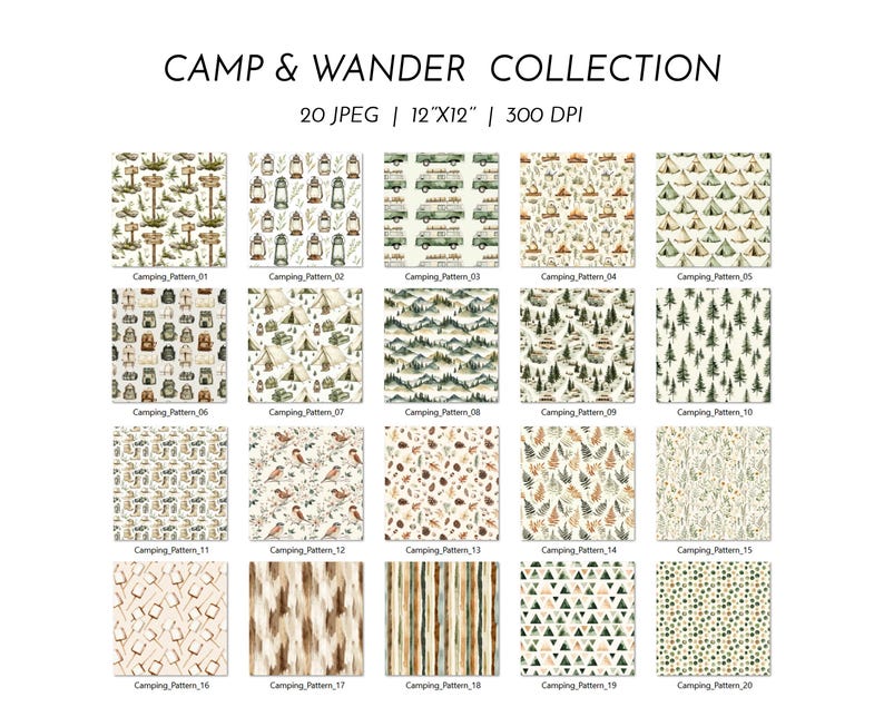 Camp Patterns Watercolor Camping Seamless Patterns: Forest, Tent, Van (digital Paper ...