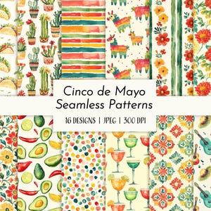 Może przedstawiać: 16 cyfrowych wzorów bez szwów z różnymi motywami Cinco de Mayo. Wzory zawierają kolorowe ilustracje kaktusów, piñat, nagietków, tacos, awokado, limonki i koktajli. Wzory idealnie nadają się do tworzenia świątecznych tła, papieru do pakowania i innych prac ręcznych.
