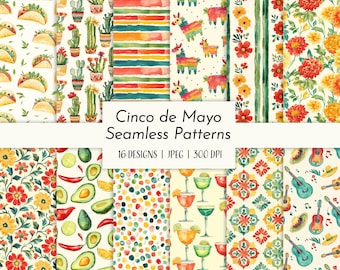 Cinco de Mayo Watercolor Seamless Patterns: Fiesta Digital Papers (Digital Download)