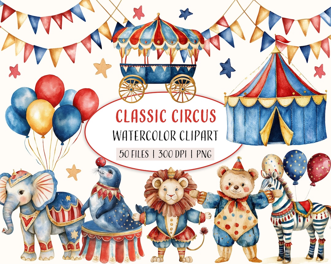 Watercolor Classic Circus Clipart, Printable Circus Illustrations, Blue ...