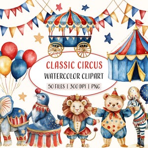 Aquarel klassieke circusillustraties, afdrukbare circusillustraties, blauw en rood circus, scrapbooking, commercieel gebruik