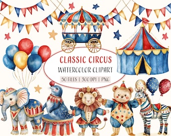 Watercolor Circus Clipart: Classic Blue & Red Illustrations (PNG, 300 DPI)