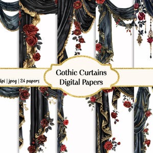 May include: Digital paper pack featuring 24 seamless patterns of gothic curtains with red roses and gold accents.  300 dpi jpeg.
