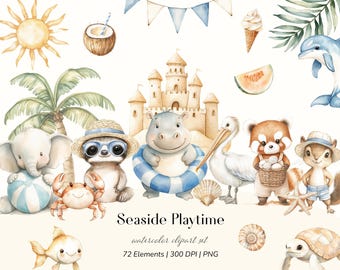 Seaside Playtime Watercolor Clipart | Beach Animals & Scenes, Summer Clipart l Coastal Illustrations PNG