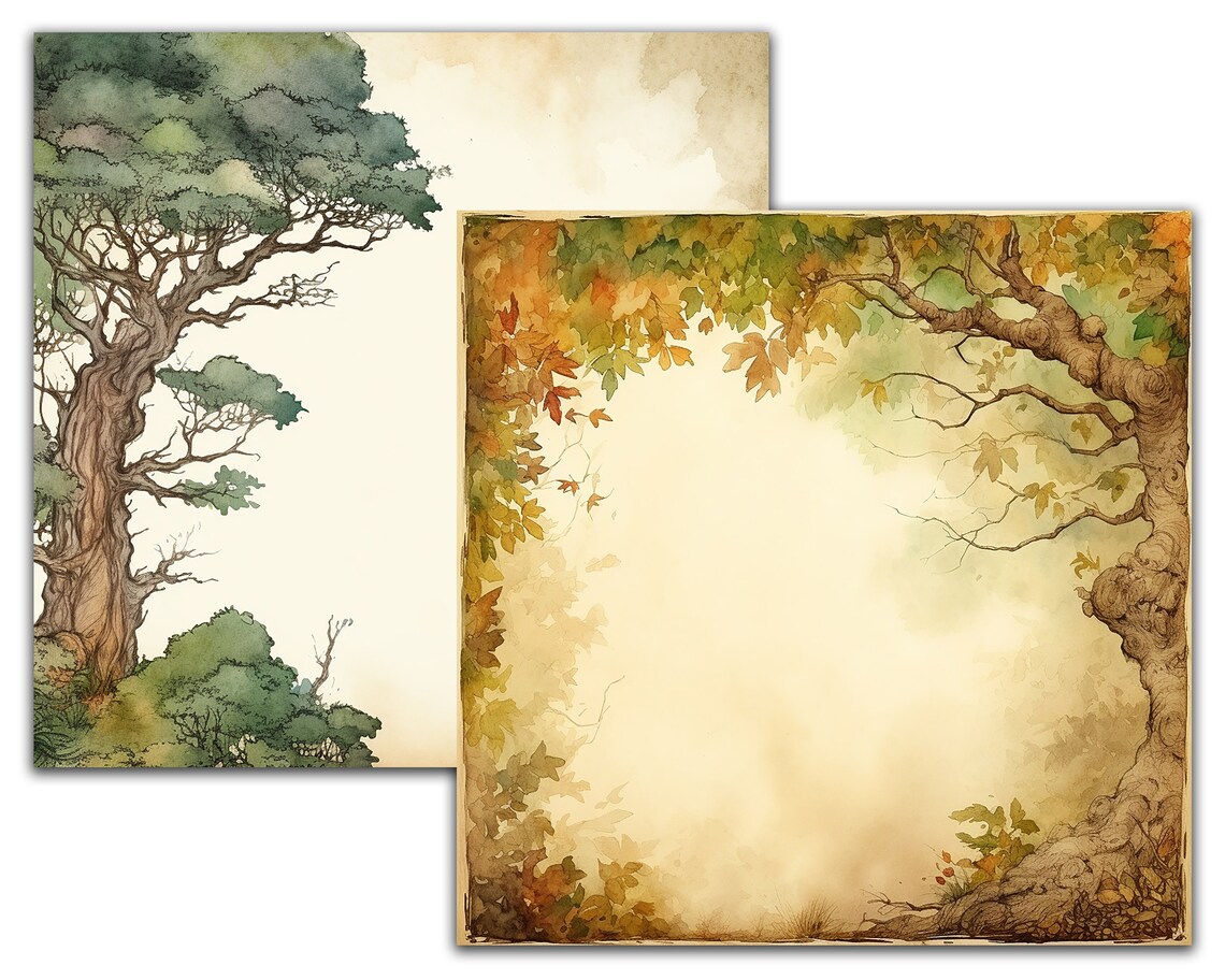 Tree Clutter Borders1 Watercolor Trees Borders, Printable Scrapbook Paper, Instant Download ...