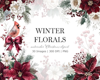Watercolor Christmas Floral Clipart, Burgundy Poinsettia & Peony Bouquet Set, Winter Holiday Berries PNG