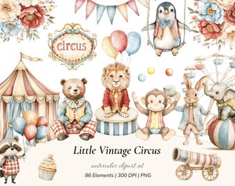 Vintage Circus Watercolor Clipart Set, Animals, Props, Kids Illustrations (PNG)